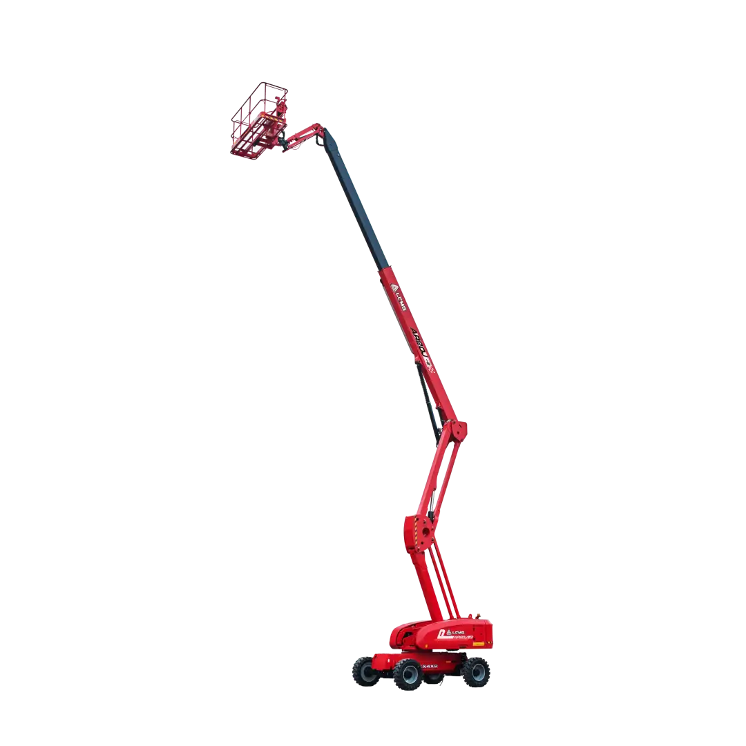 En rød leddelt bomlift med en forlænget sort arm og en arbejdsplatform i toppen, designet til at nå høje højder.